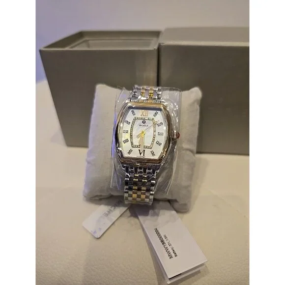 NEW MICHELE RELEVE MOP DIAMOND DIAL GOLD TWO TONE WATCH MWW19B000004 NEW In BOX - Picture 7 of 8
